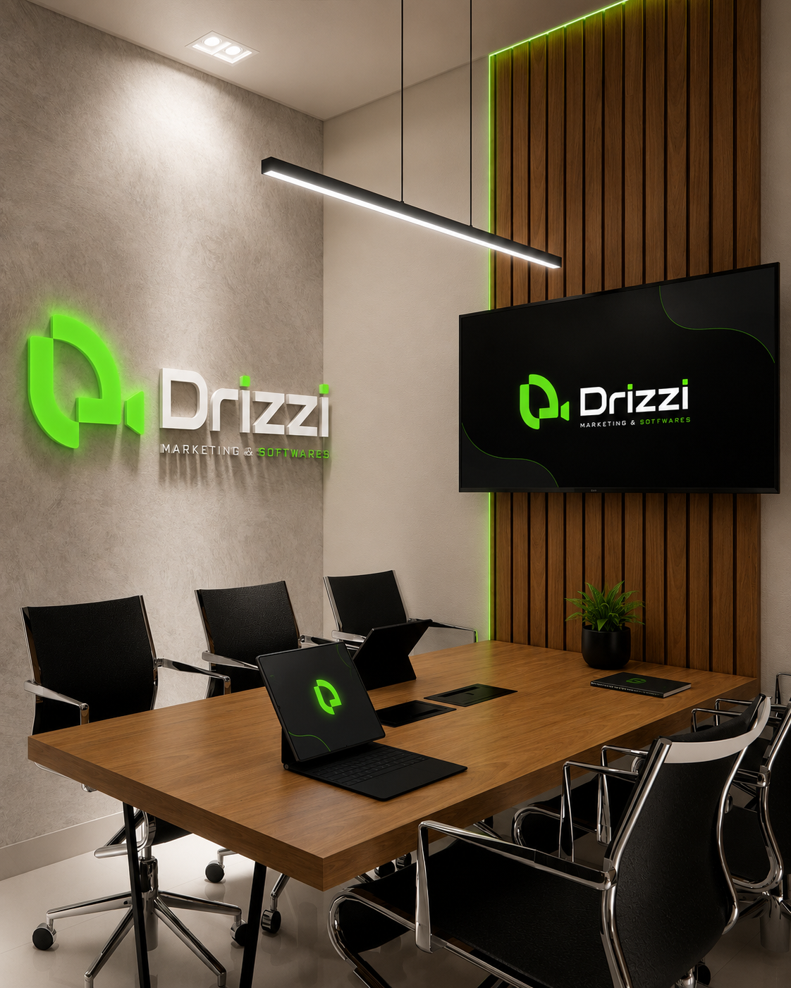 Escritório da Drizzi com logo iluminada em verde